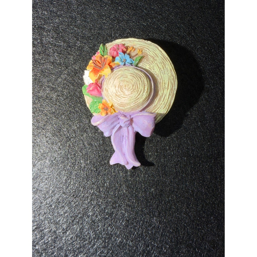 Floral Sun Hat Lapel Pin Brooch Small Beige Purple Bow Cottagecore Accessory